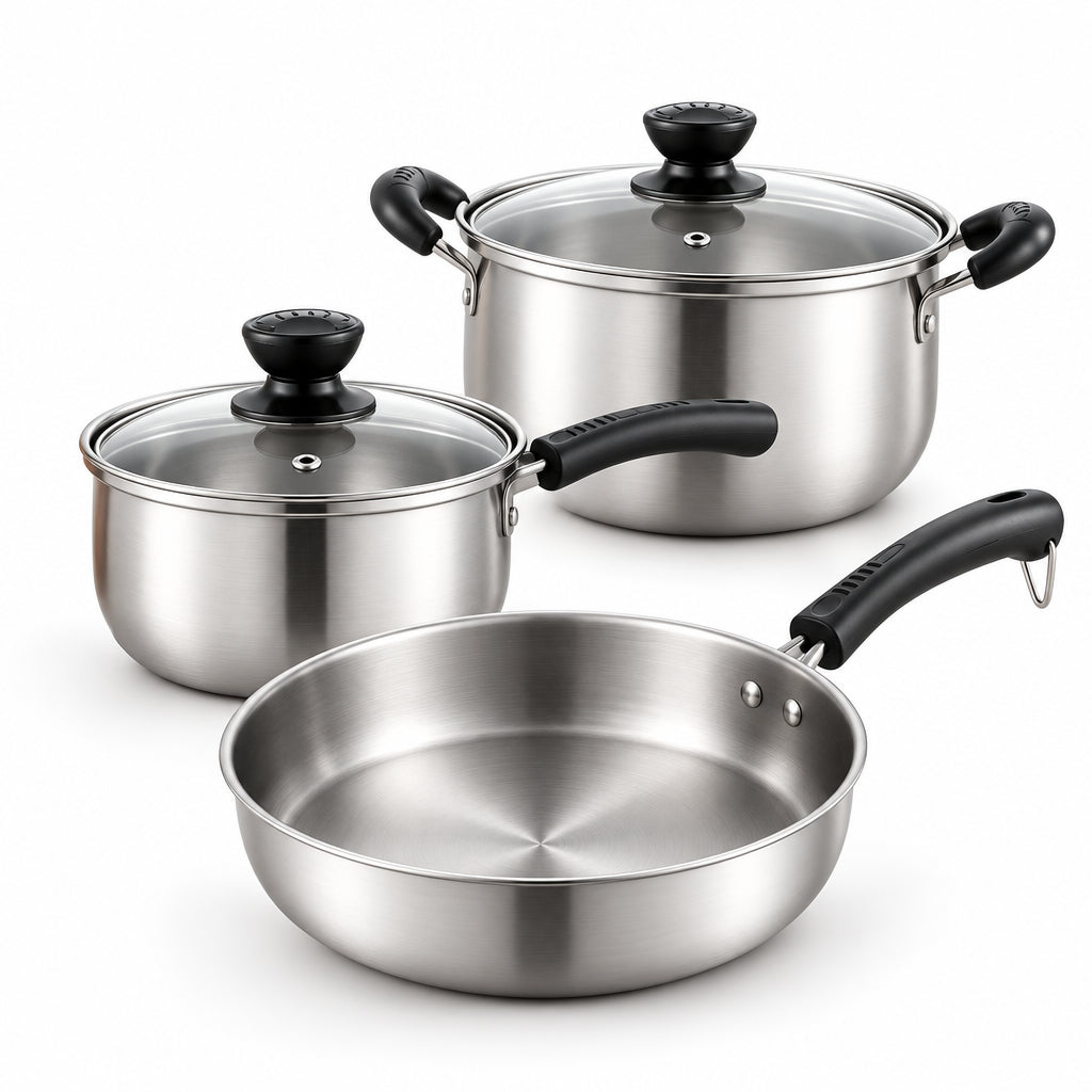 3-Piece Stainless Steel Cookware Set with Glass Lids - The Kitchen Store